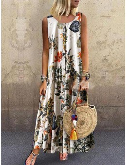 Vintage Print Floral Sleeveless Button Down Dress