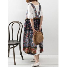 Vintage Print Floral Pockets Loose Pleated Dress