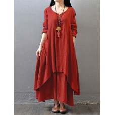 Vintage Women Long Sleeve V-Neck Irregular Maxi Dresses