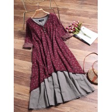 Floral Printed Two Layers Long Sleeve Vintage Dresses