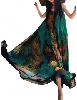 Bohemian Women Sleeveless O Neck Peacock Printed Maxi Dresses