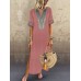 Women Ethnic Print Patchwork Splited Short Sleeve Dress