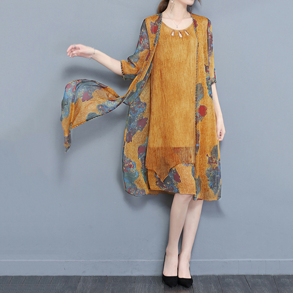 Autumn Vintage Two Pieces Set Print Elegant Yellow Flowy Dresses